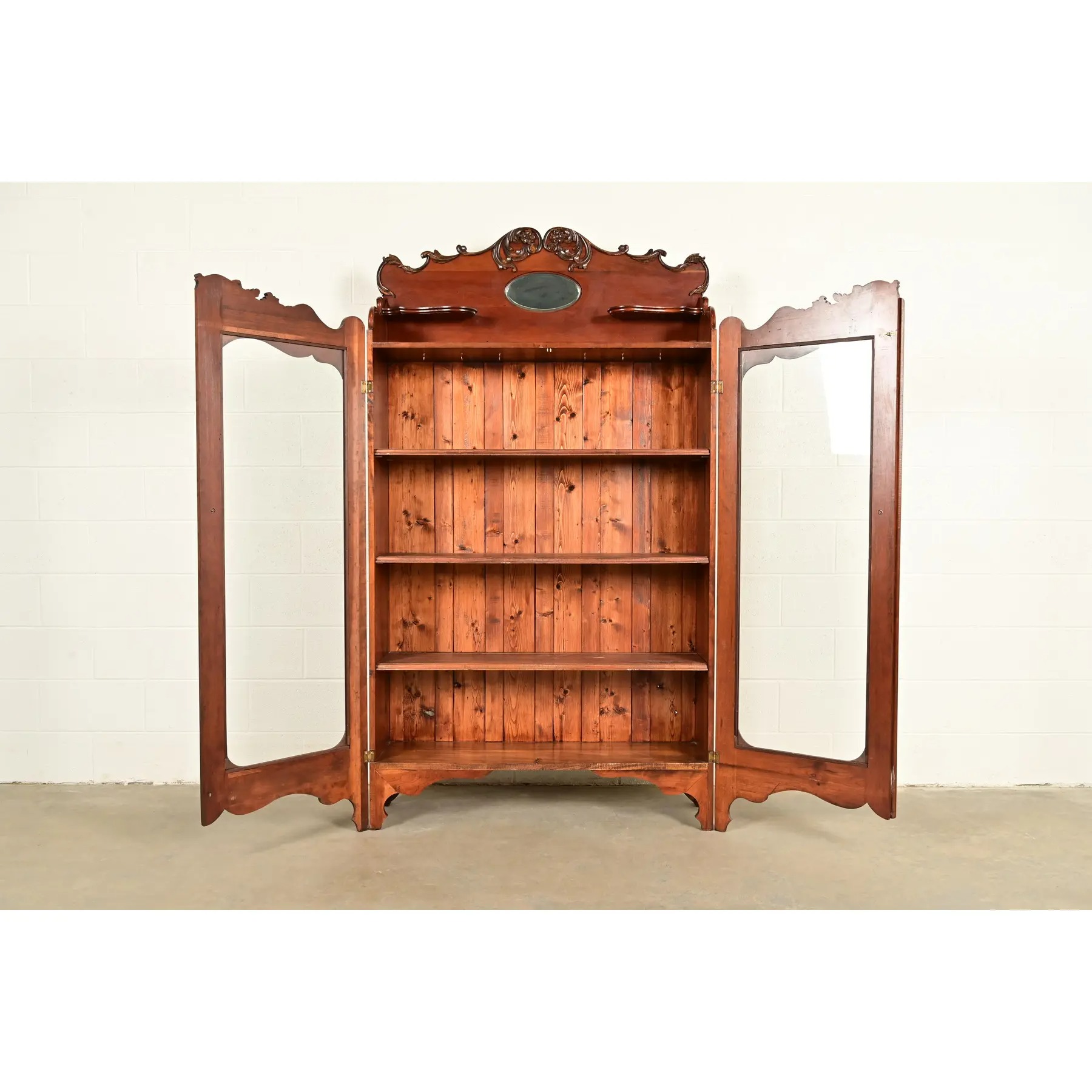 Antique Victorian Carved Cherry Wood Two-Door Bookcase Cabinet, Circa 1880s - Image 5