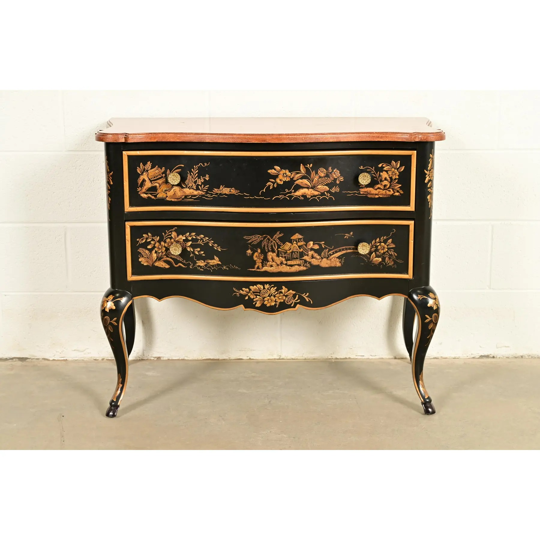 Drexel Heritage Hollywood Regency Chinoiserie Black Lacquered Hand Painted Chest of Drawers, Circa 1970s - Image 2