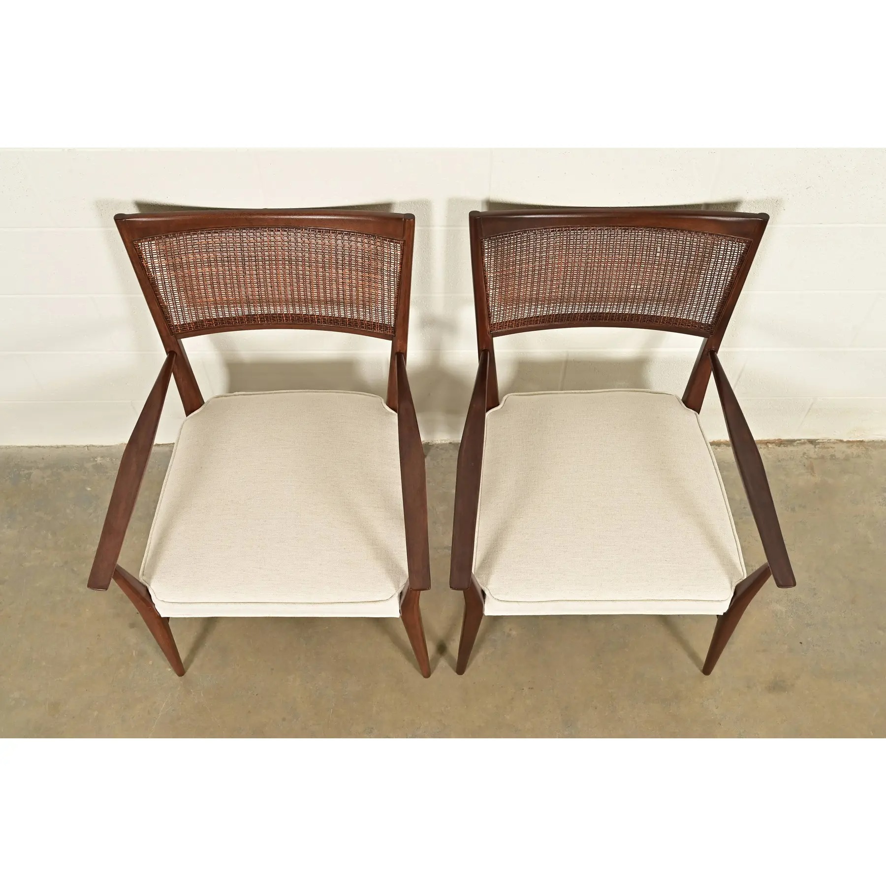 Paul McCobb Irwin Collection Mid-Century Modern Sculpted Walnut Cane Back Armchairs, Newly Refinished - Image 5