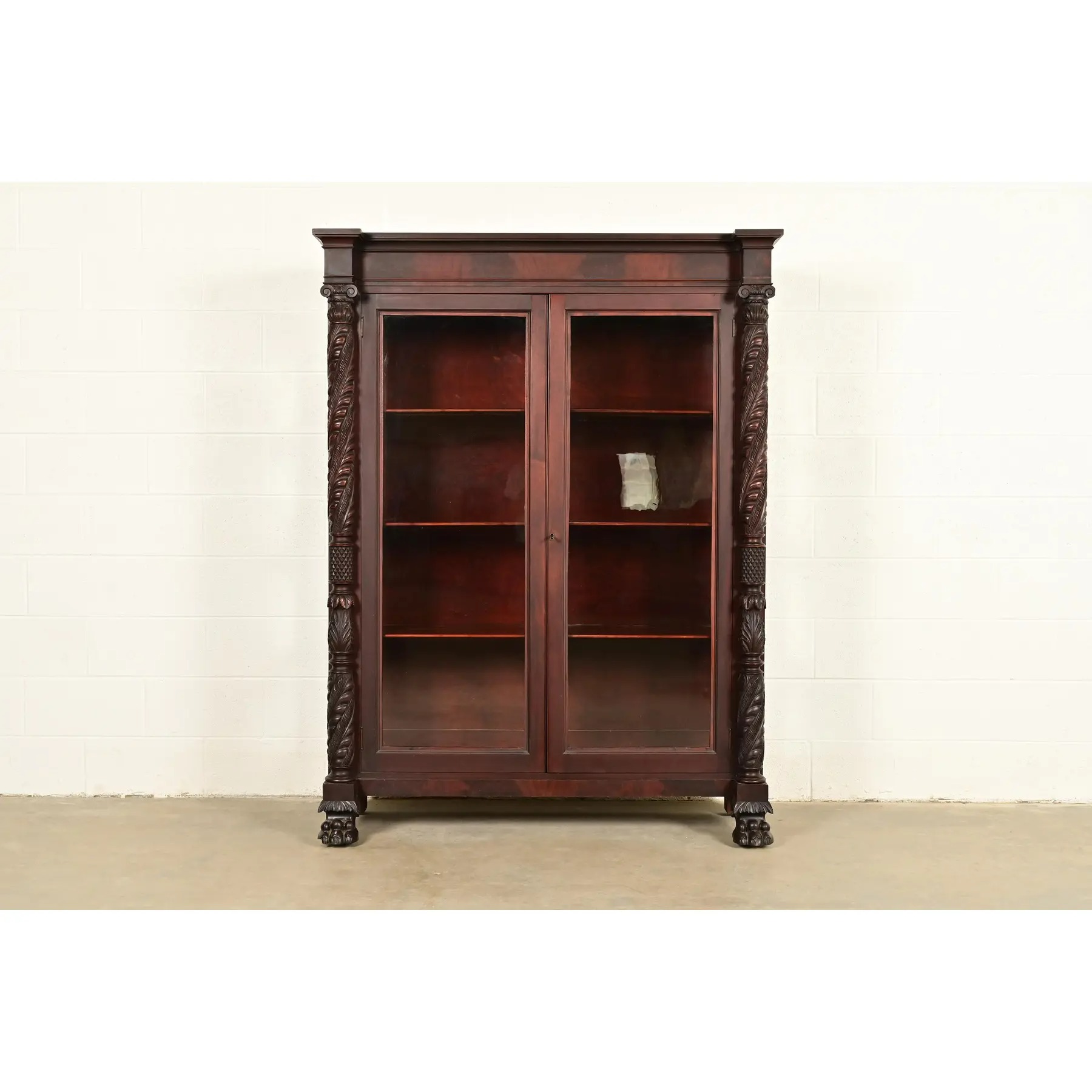 R. J. Horner Style Antique American Empire Flame Mahogany Glass Front Bookcase Cabinet, Circa 1890s - Image 2