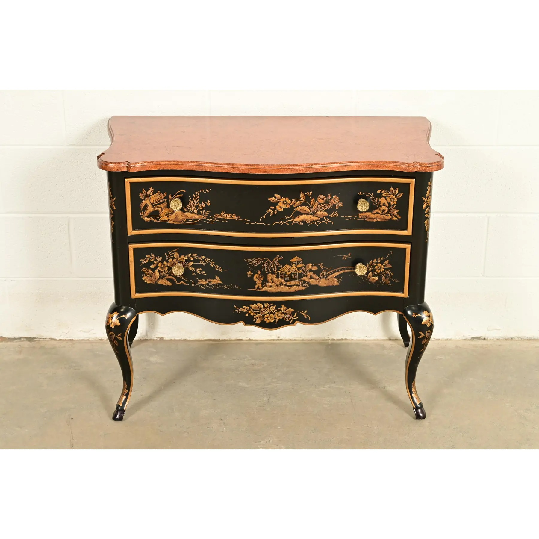 Drexel Heritage Hollywood Regency Chinoiserie Black Lacquered Hand Painted Chest of Drawers, Circa 1970s - Image 3