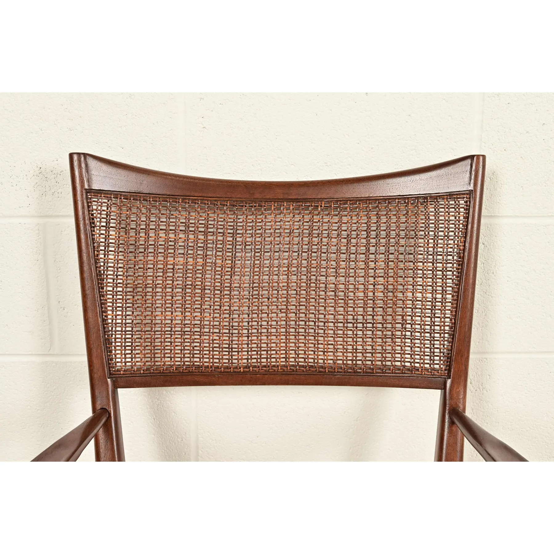 Paul McCobb Irwin Collection Mid-Century Modern Sculpted Walnut Cane Back Armchairs, Newly Refinished - Image 6