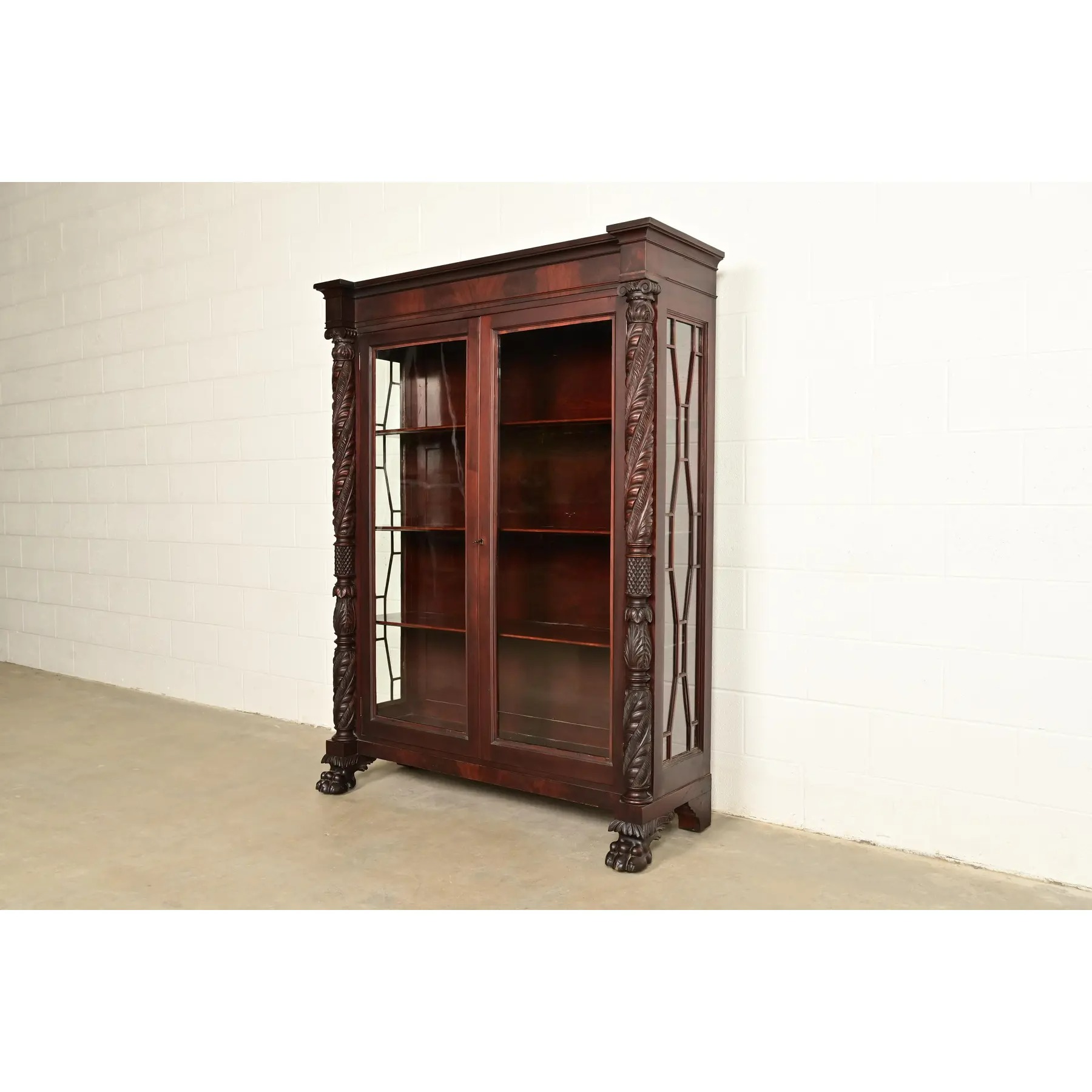 R. J. Horner Style Antique American Empire Flame Mahogany Glass Front Bookcase Cabinet, Circa 1890s - Image 3
