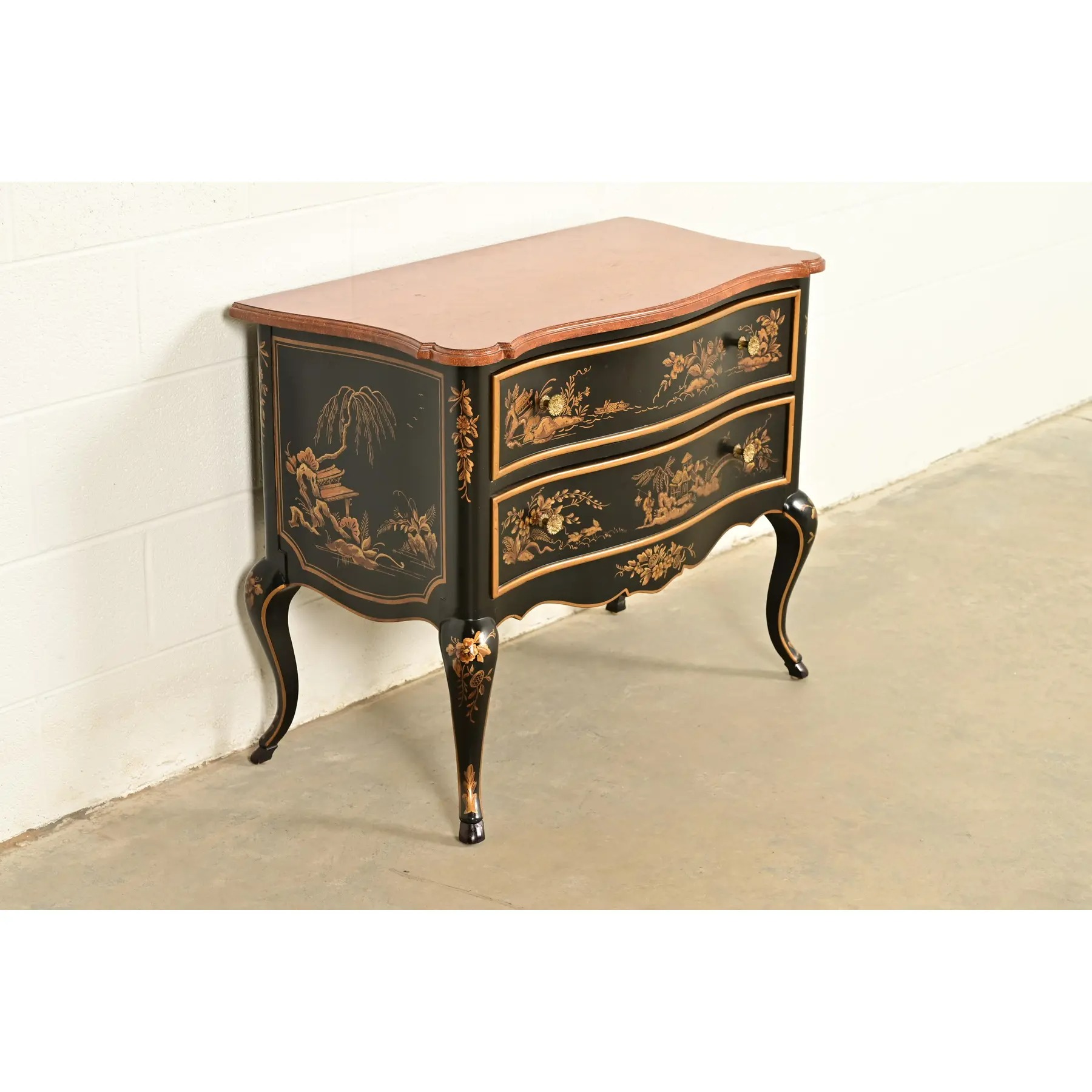 Drexel Heritage Hollywood Regency Chinoiserie Black Lacquered Hand Painted Chest of Drawers, Circa 1970s - Image 4