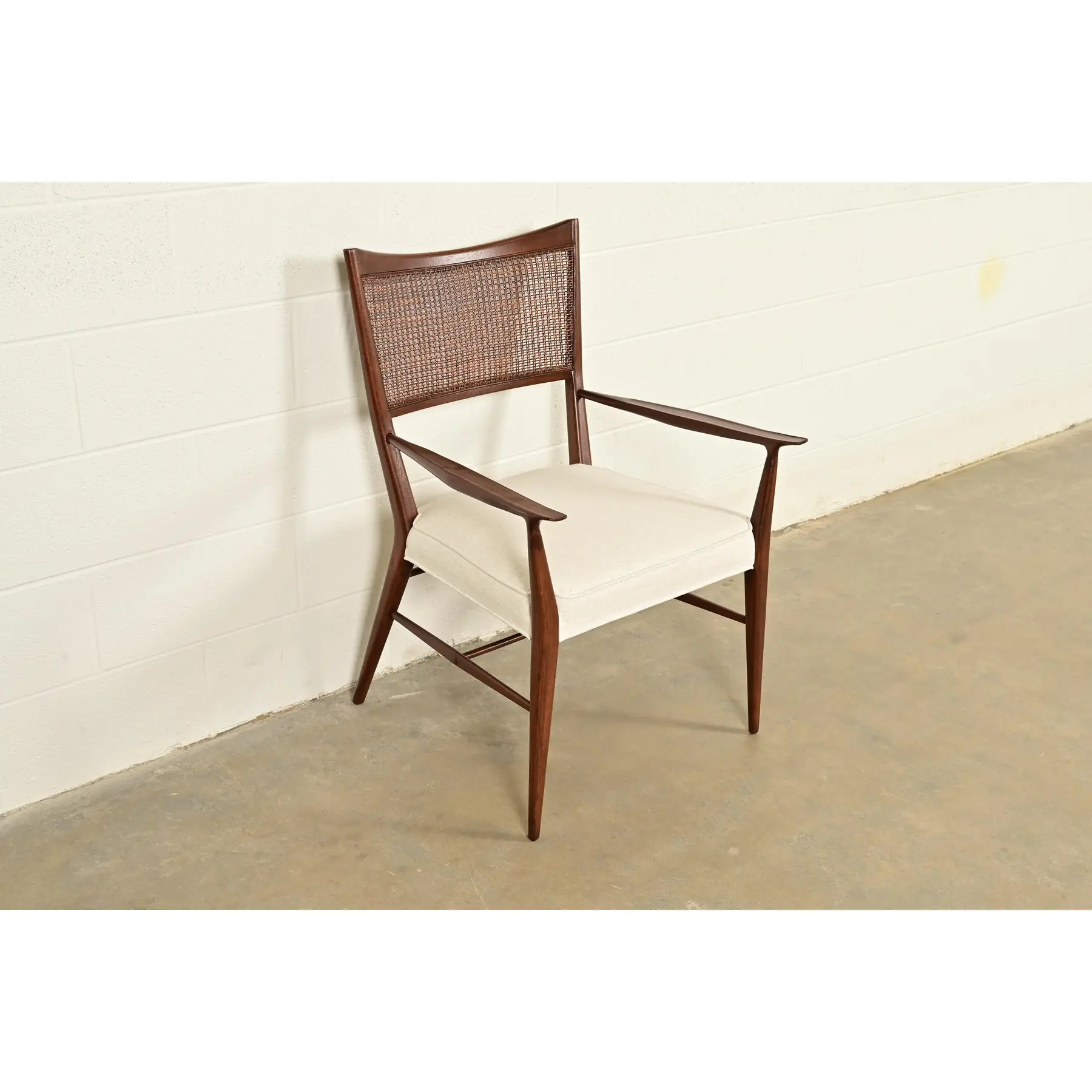 Paul McCobb Irwin Collection Mid-Century Modern Sculpted Walnut Cane Back Armchair, Newly Refinished - Image 4