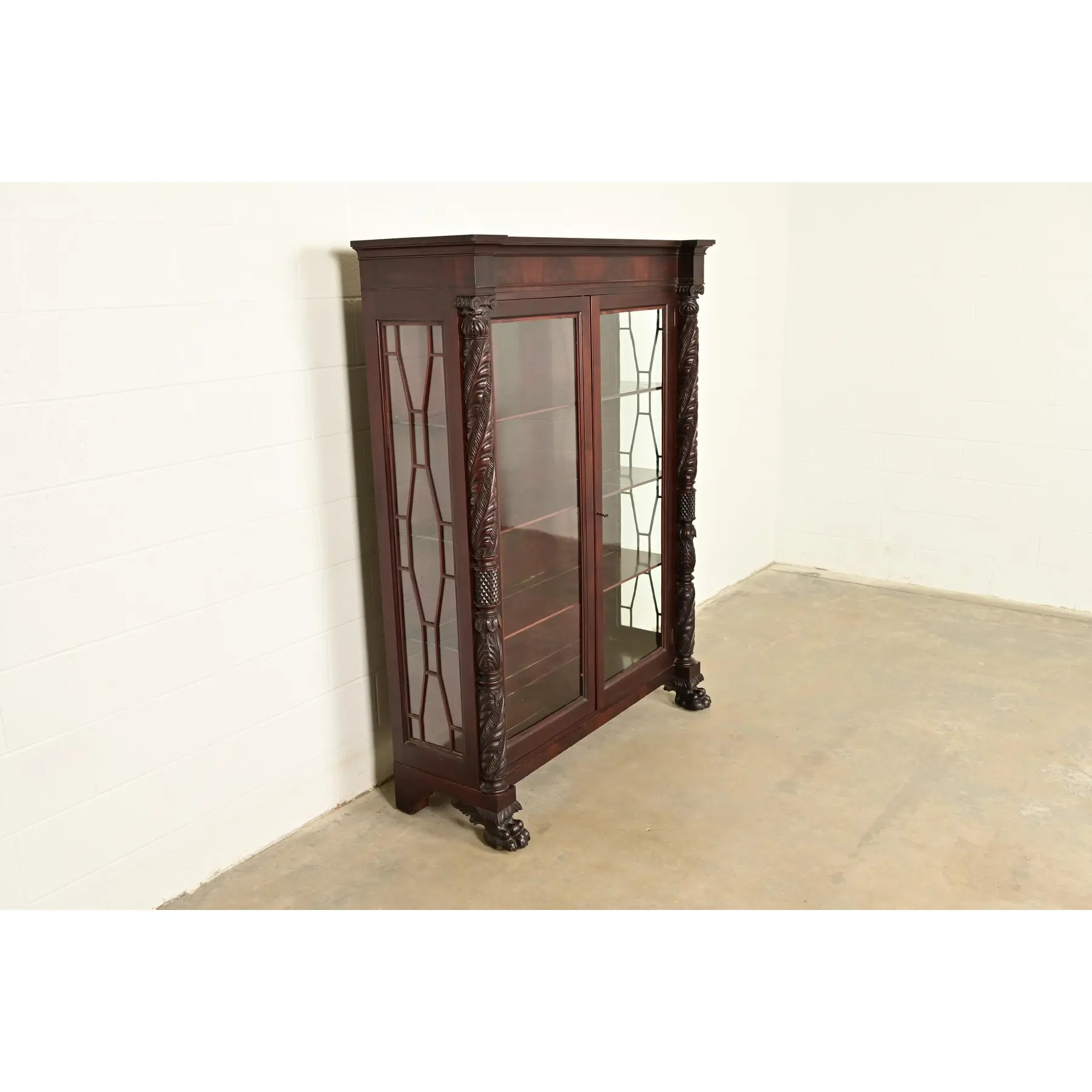 R. J. Horner Style Antique American Empire Flame Mahogany Glass Front Bookcase Cabinet, Circa 1890s - Image 4
