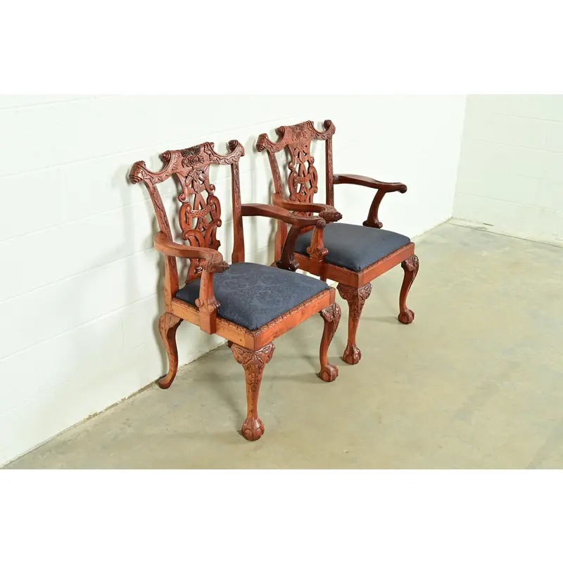 Baker Furniture Style Chippendale Carved Mahogany Armchairs, Pair - Image 4