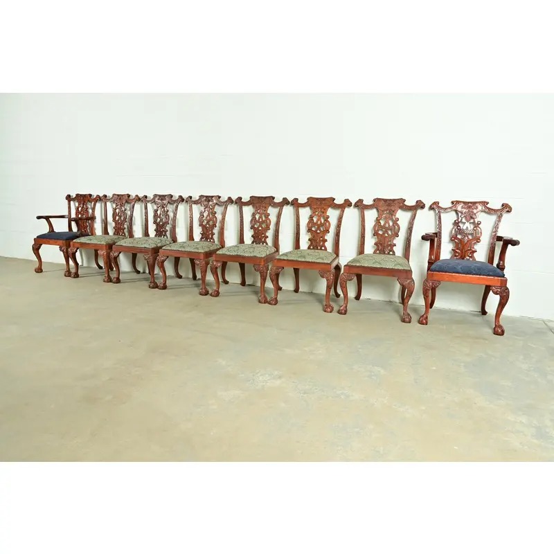 Baker Furniture Style Chippendale Carved Mahogany Dining Chairs, Set of Eight - Image 4