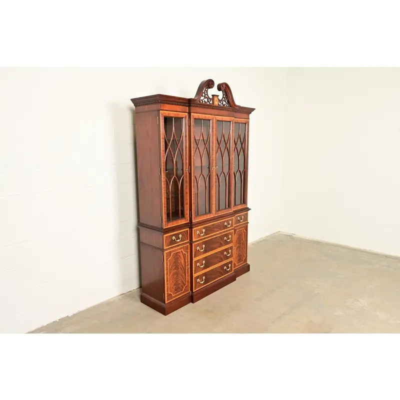 Councill Craftsmen Georgian Banded Flame Mahogany Lighted Breakfront Bookcase Cabinet - Image 4