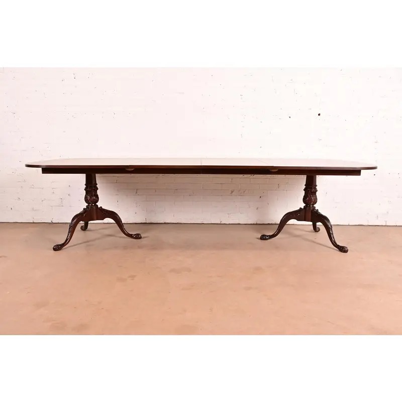 Drexel Heritage Georgian Banded Flame Mahogany Double Pedestal Extension Dining Table, Newly Refinished - Image 4