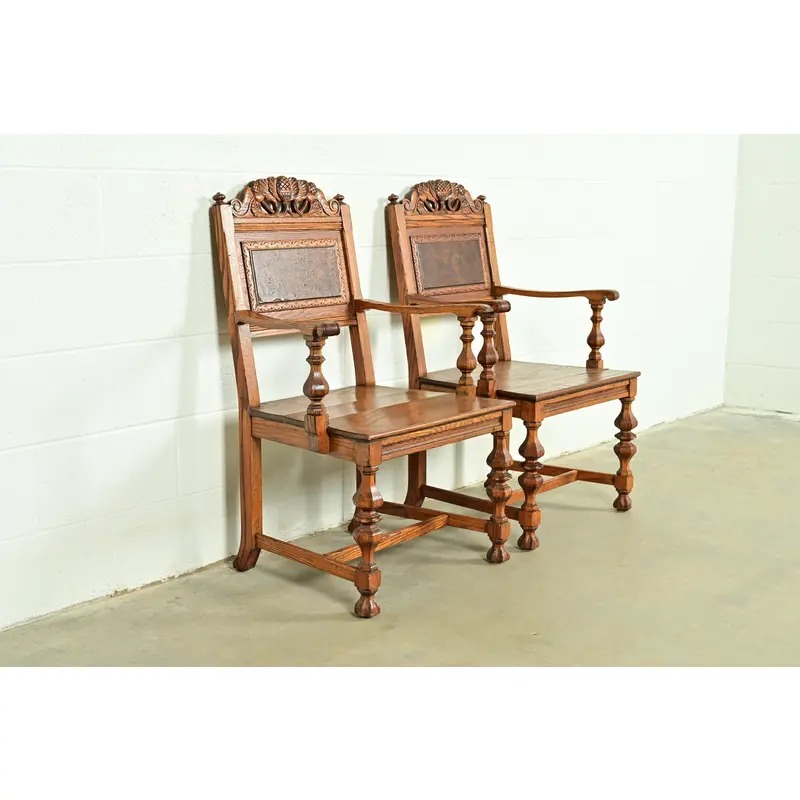 Early Romweber Antique English Jacobean Carved Oak and Burl Wood Armchairs, Pair - Image 4