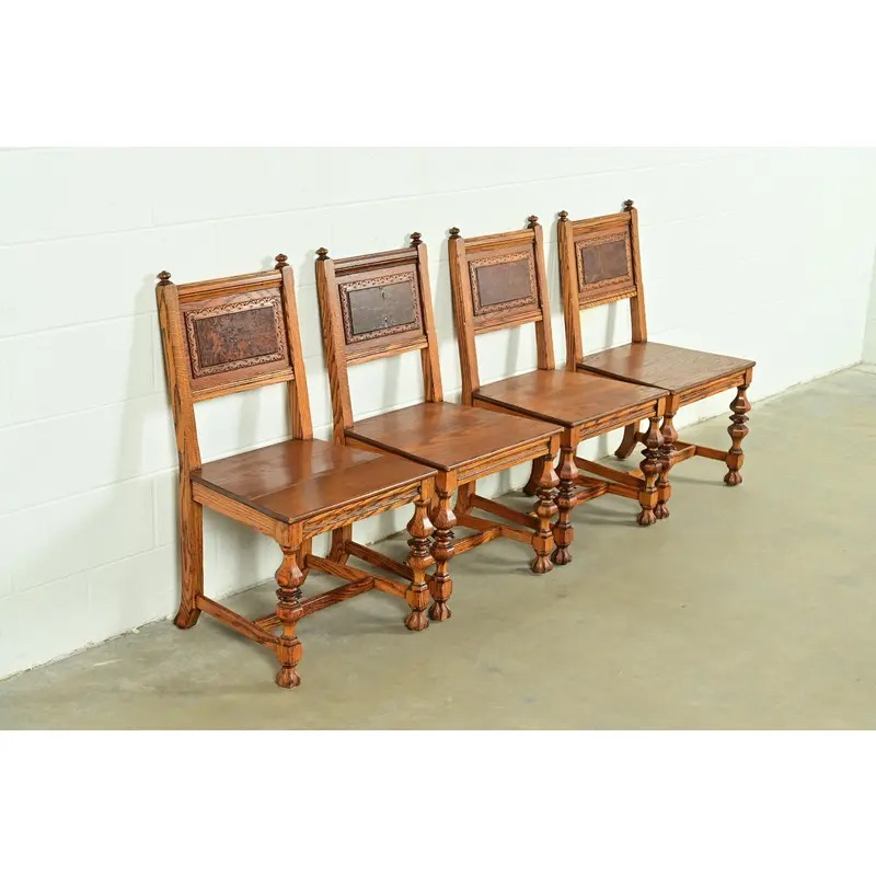 Early Romweber Antique English Jacobean Carved Oak and Burl Wood Dining Chairs, Set of Four - Image 4