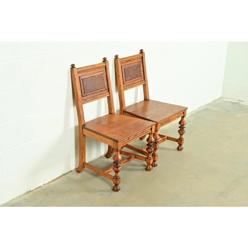 Early Romweber Antique English Jacobean Carved Oak and Burl Wood Side Chairs or Dining Chairs, Pair - Image 4