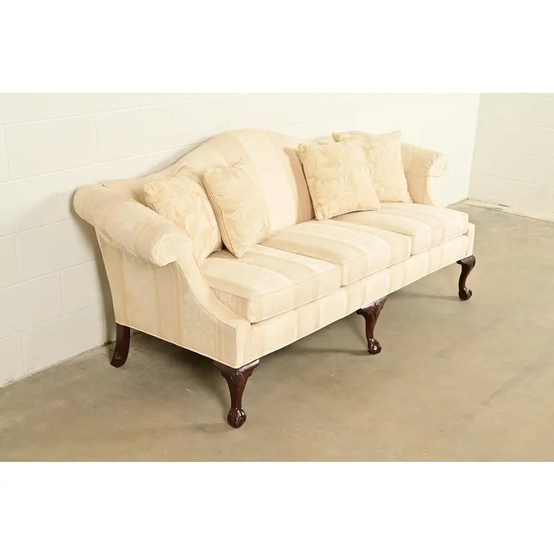 Ethan Allen Chippendale Carved Mahogany Upholstered Camelback Sofa - Image 4