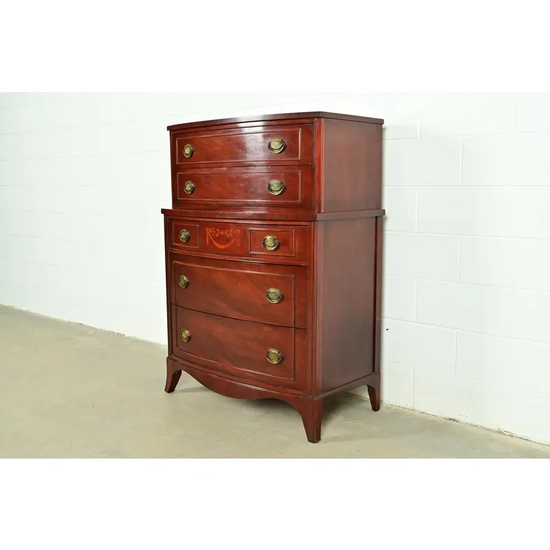 Federal Inlaid Mahogany Bow Front Highboy Dresser by National Furniture, Circa 1960s - Image 4