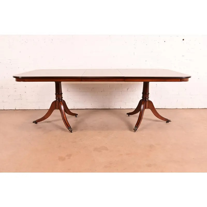 John Widdicomb Georgian Banded Mahogany Double Pedestal Extension Dining Table, Newly Refinished - Image 4