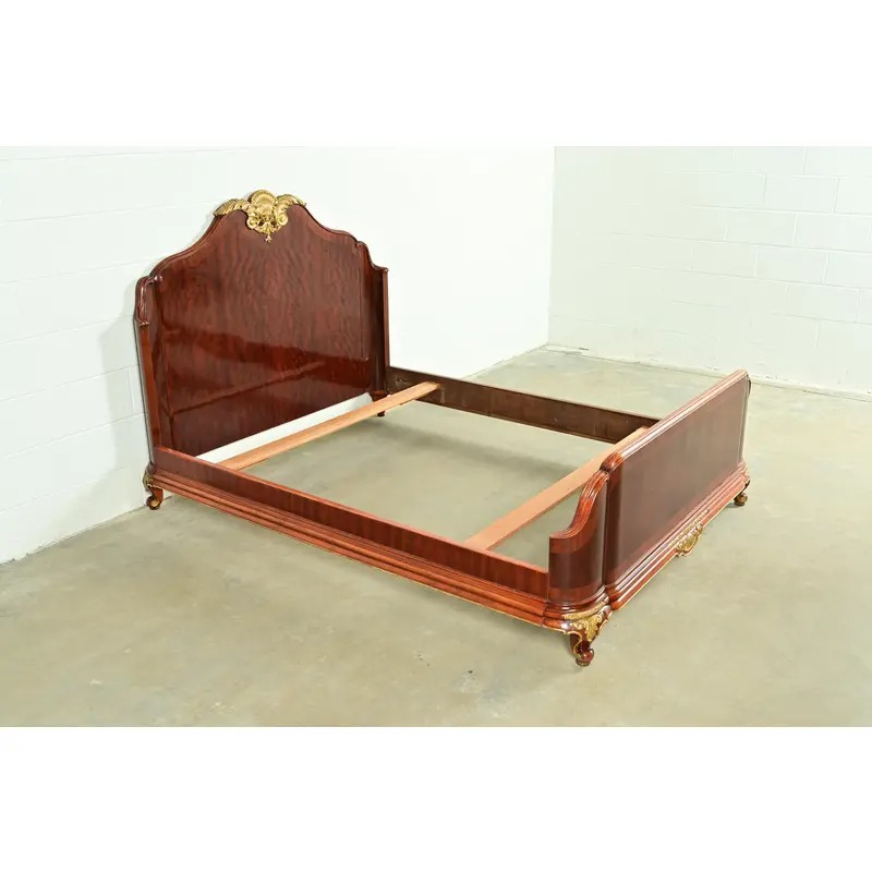 Paul Sormani Style Antique French Provincial Louis XV Burled Mahogany and Gold Gilt Queen Size Bed - Image 4
