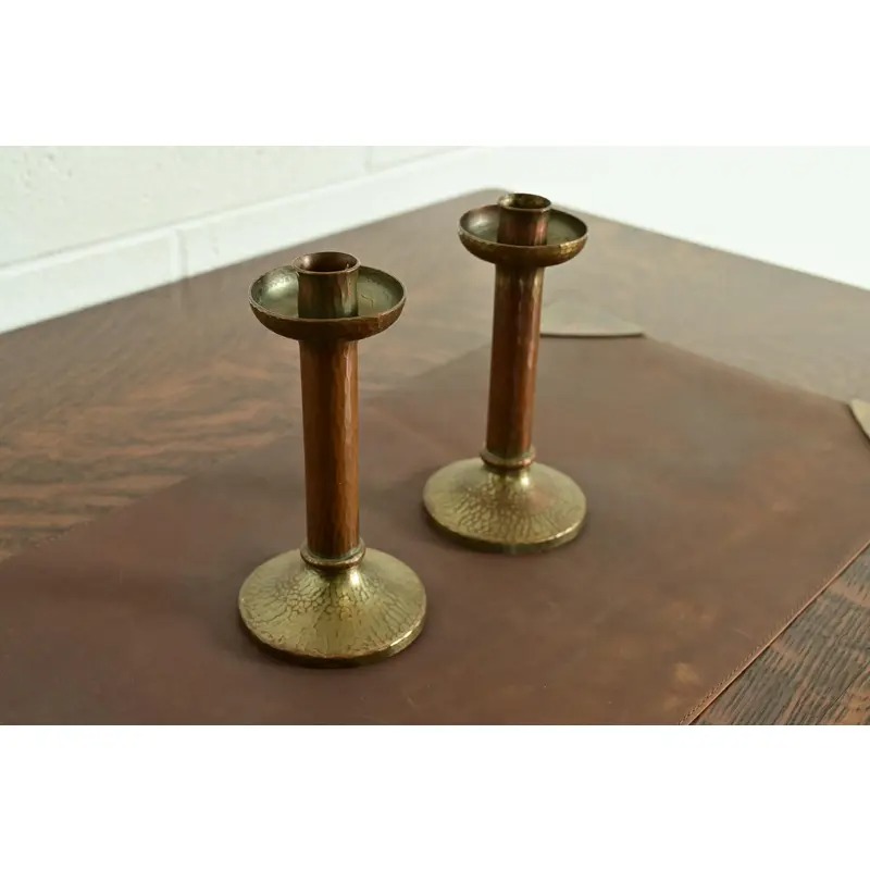 Roycroft Arts & Crafts Brass Finished Hammered Copper Candlesticks, Pair - Image 4