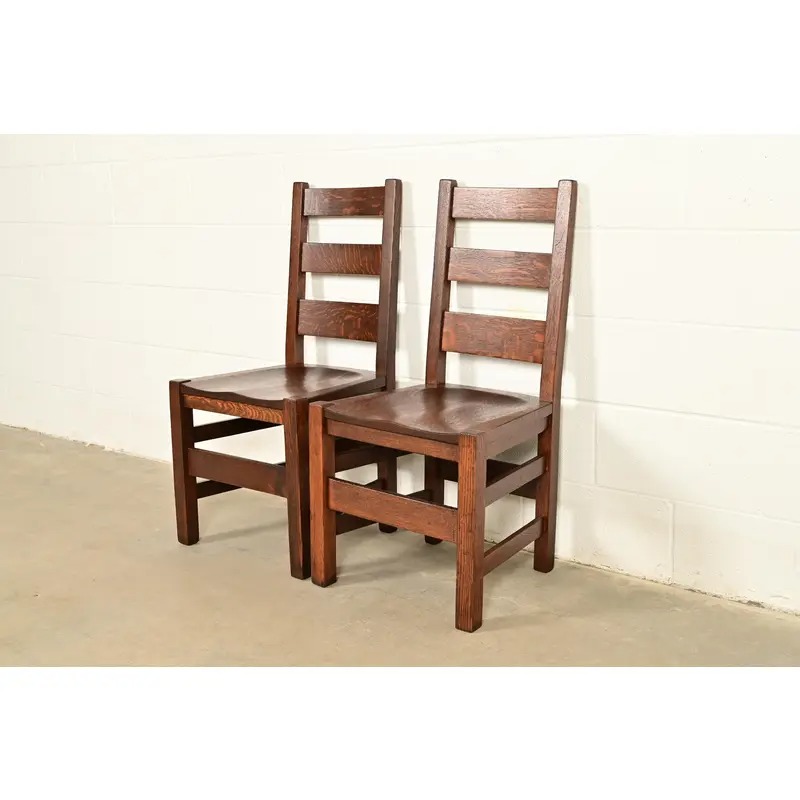 Stickley Brothers Antique Mission Oak Arts & Crafts Ladder Back Side Chairs or Dining Chairs, Newly Refinished - Image 4