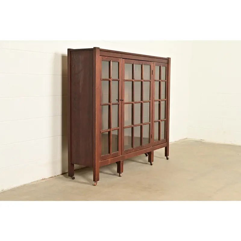 Stickley Brothers Style Antique Mission Oak Arts & Crafts Glass Front Triple Bookcase, Circa 1910 - Image 4