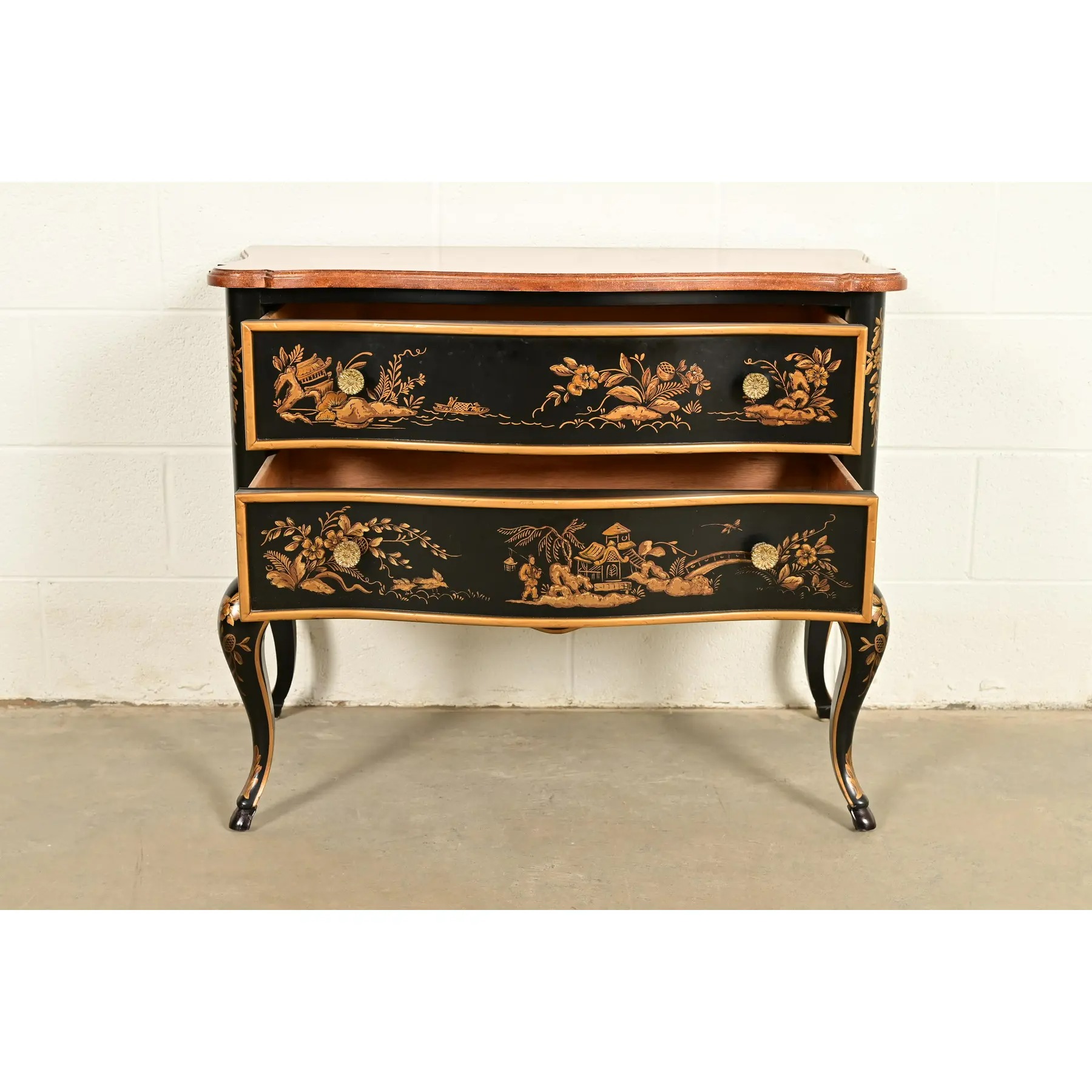 Drexel Heritage Hollywood Regency Chinoiserie Black Lacquered Hand Painted Chest of Drawers, Circa 1970s - Image 5