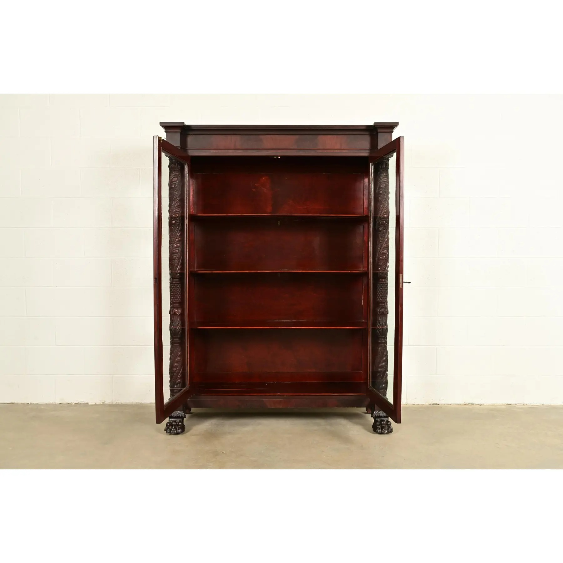 R. J. Horner Style Antique American Empire Flame Mahogany Glass Front Bookcase Cabinet, Circa 1890s - Image 5