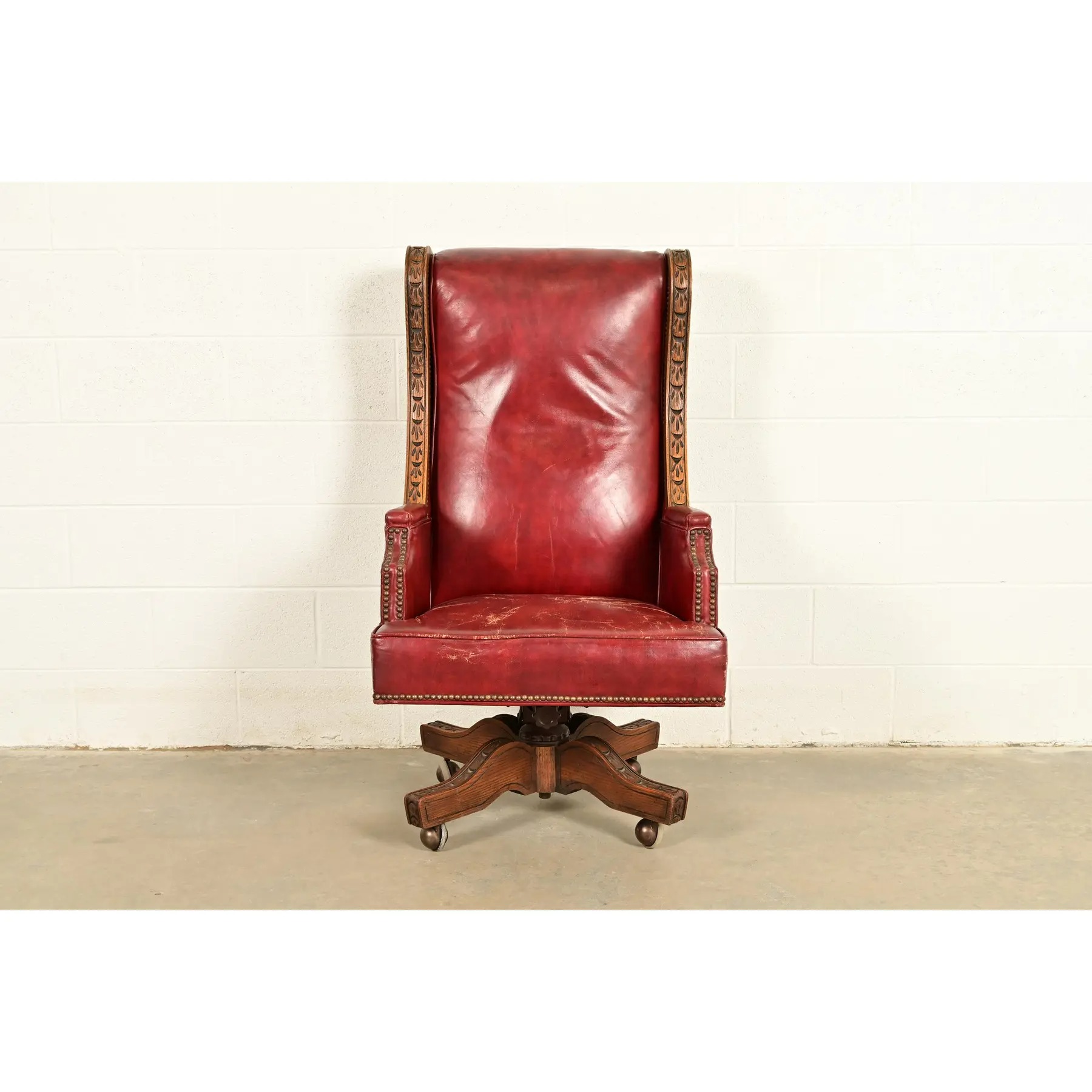 Romweber Viking Oak and Leather High Back Executive Swivel Desk Chair, Circa 1960s - Image 2