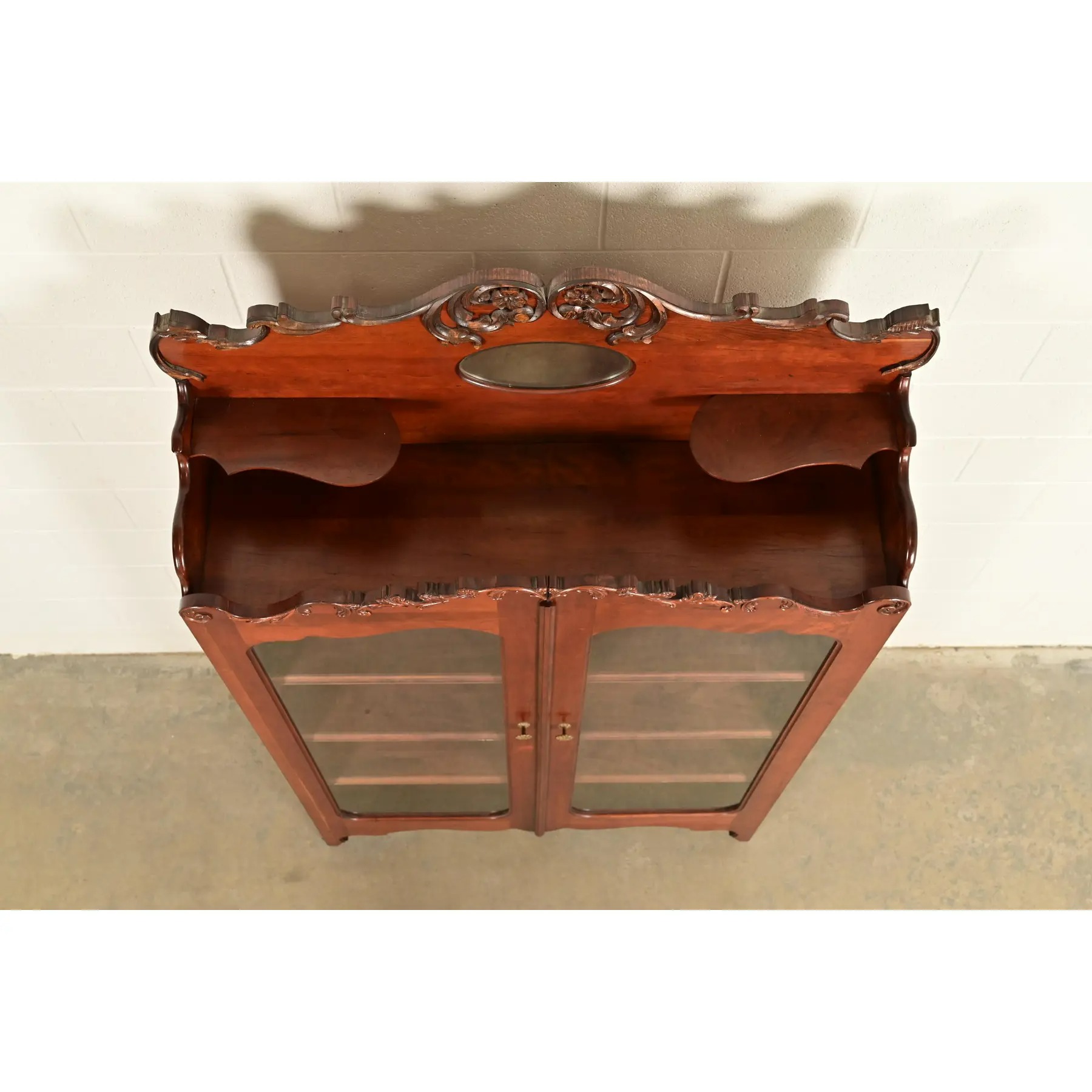 Antique Victorian Carved Cherry Wood Two-Door Bookcase Cabinet, Circa 1880s - Image 9