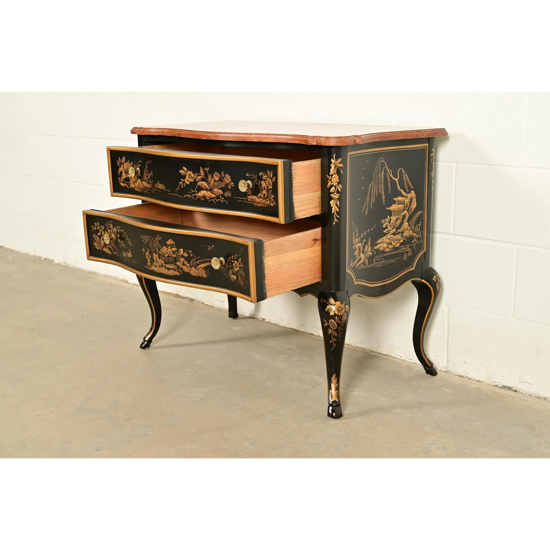 Drexel Heritage Hollywood Regency Chinoiserie Black Lacquered Hand Painted Chest of Drawers, Circa 1970s - Image 6