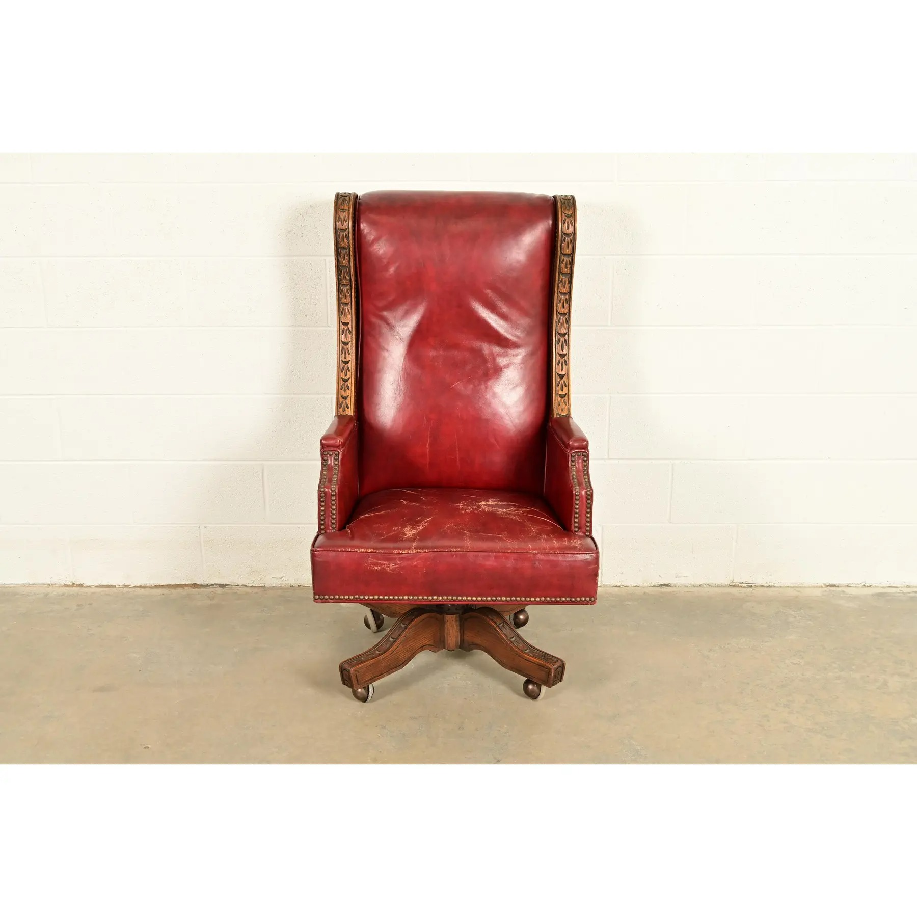 Romweber Viking Oak and Leather High Back Executive Swivel Desk Chair, Circa 1960s - Image 3