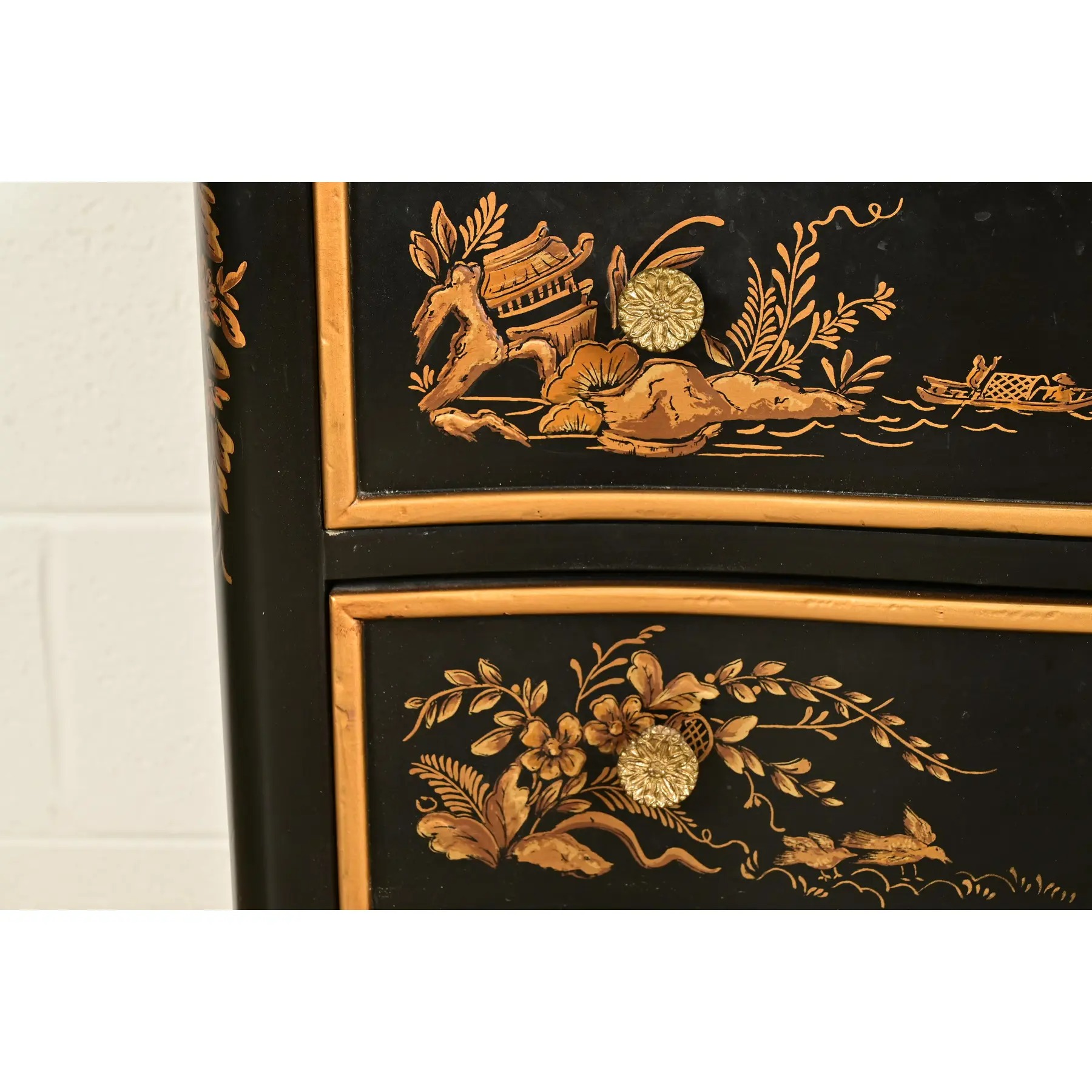 Drexel Heritage Hollywood Regency Chinoiserie Black Lacquered Hand Painted Chest of Drawers, Circa 1970s - Image 7