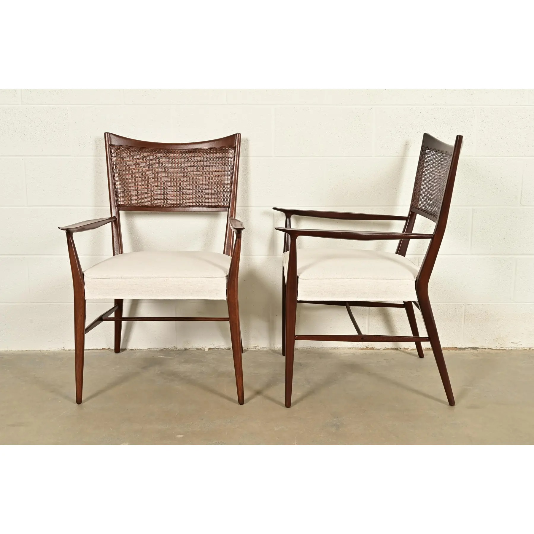 Paul McCobb Irwin Collection Mid-Century Modern Sculpted Walnut Cane Back Armchairs, Newly Refinished - Image 9