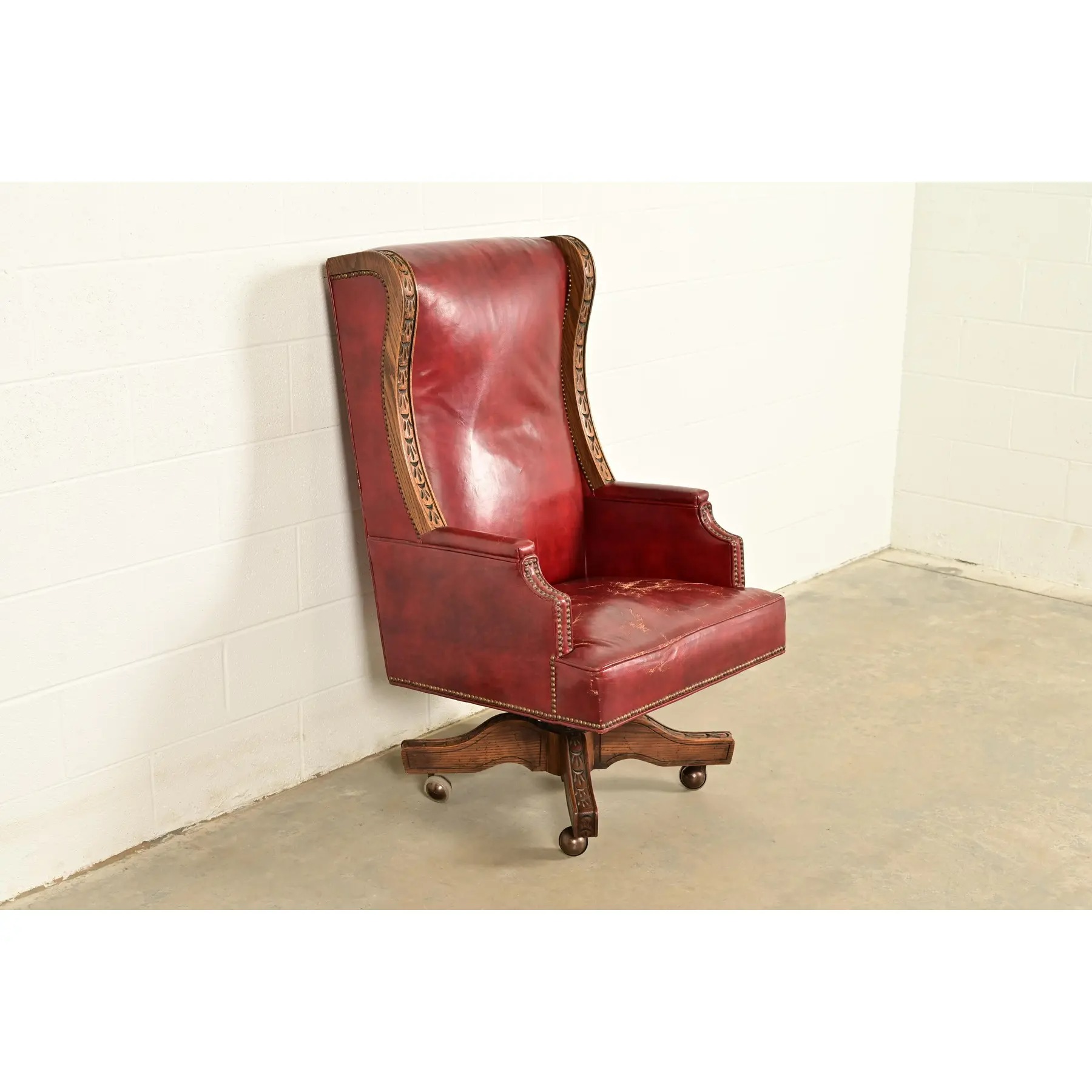 Romweber Viking Oak and Leather High Back Executive Swivel Desk Chair, Circa 1960s - Image 4