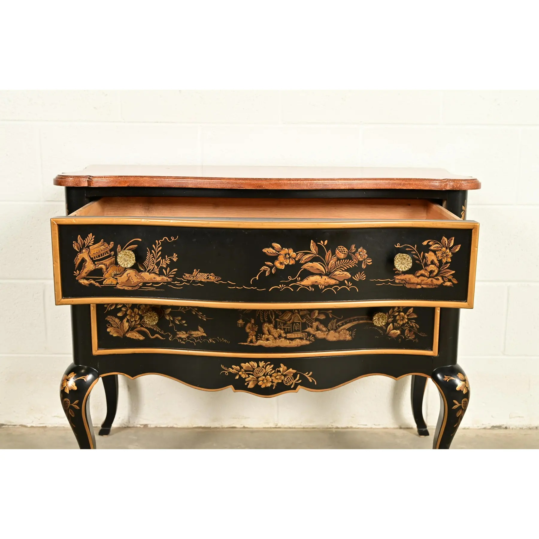Drexel Heritage Hollywood Regency Chinoiserie Black Lacquered Hand Painted Chest of Drawers, Circa 1970s - Image 8