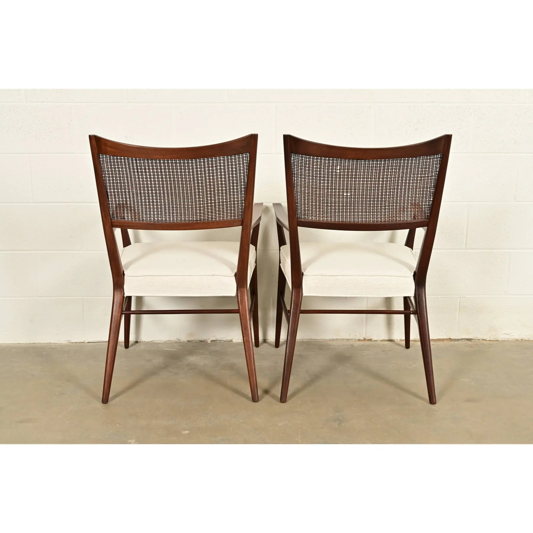 Paul McCobb Irwin Collection Mid-Century Modern Sculpted Walnut Cane Back Armchairs, Newly Refinished - Image 11