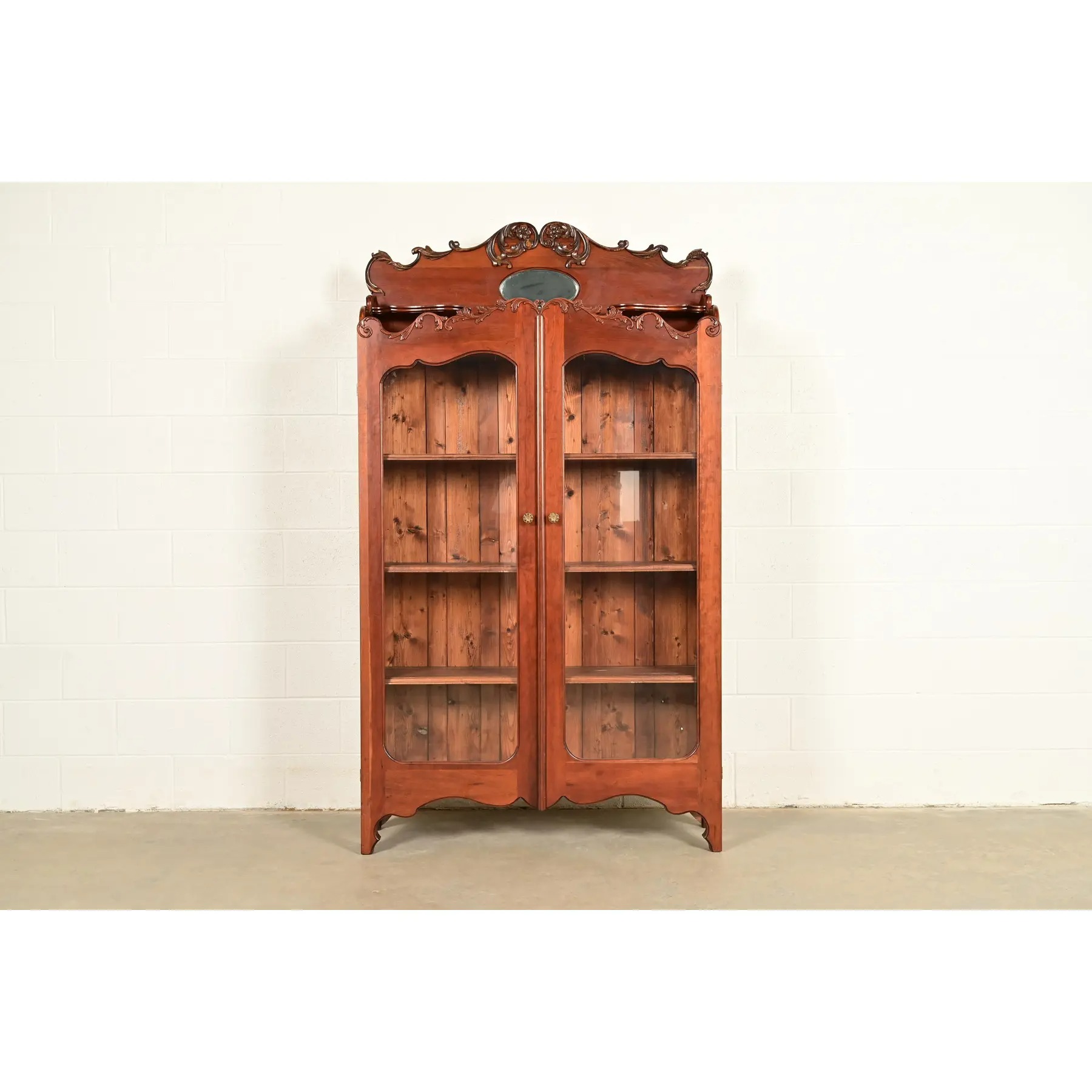 Antique Victorian Carved Cherry Wood Two-Door Bookcase Cabinet, Circa 1880s