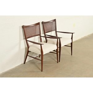 Paul McCobb Irwin Collection Mid-Century Modern Sculpted Walnut Cane Back Armchairs, Newly Refinished