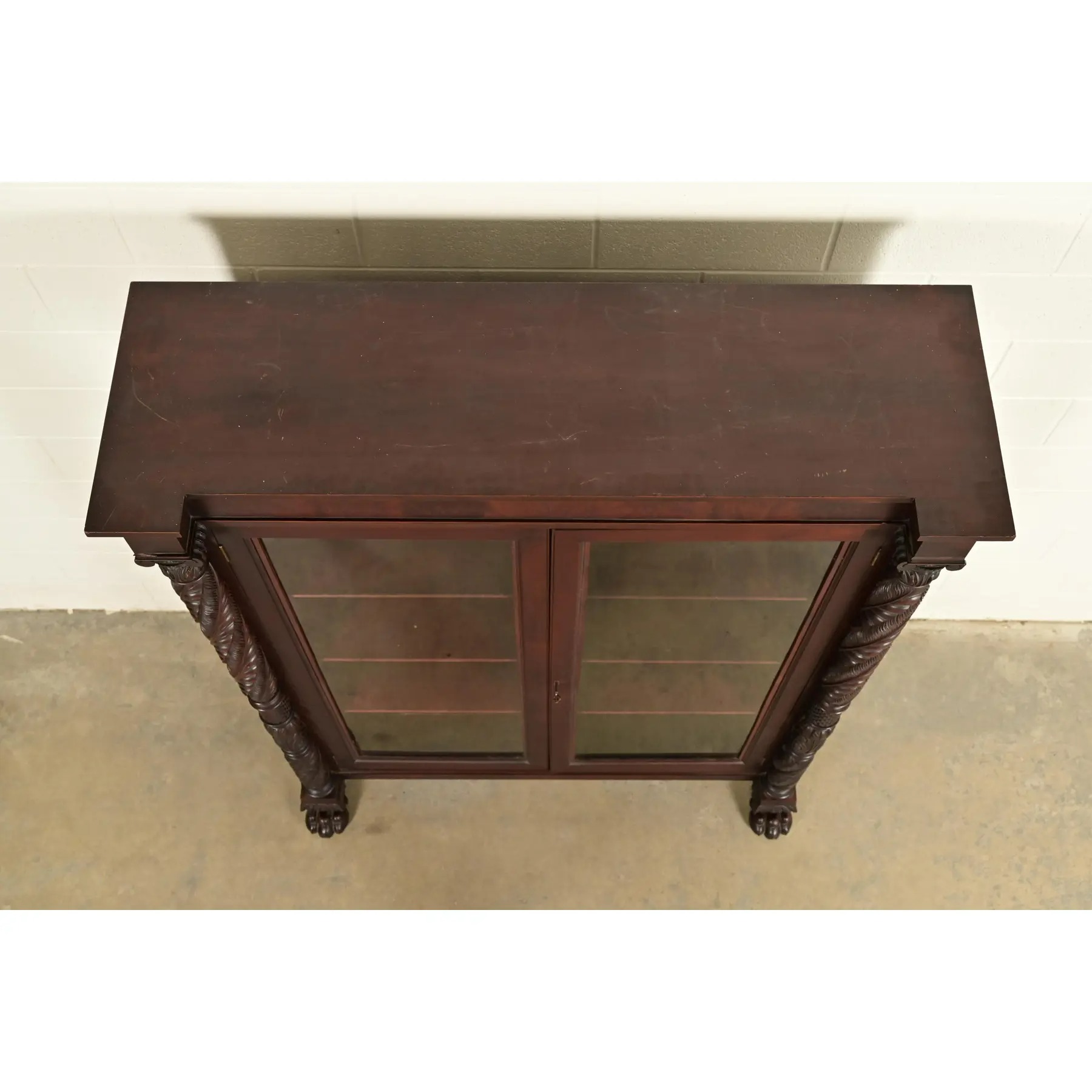 R. J. Horner Style Antique American Empire Flame Mahogany Glass Front Bookcase Cabinet, Circa 1890s - Image 10