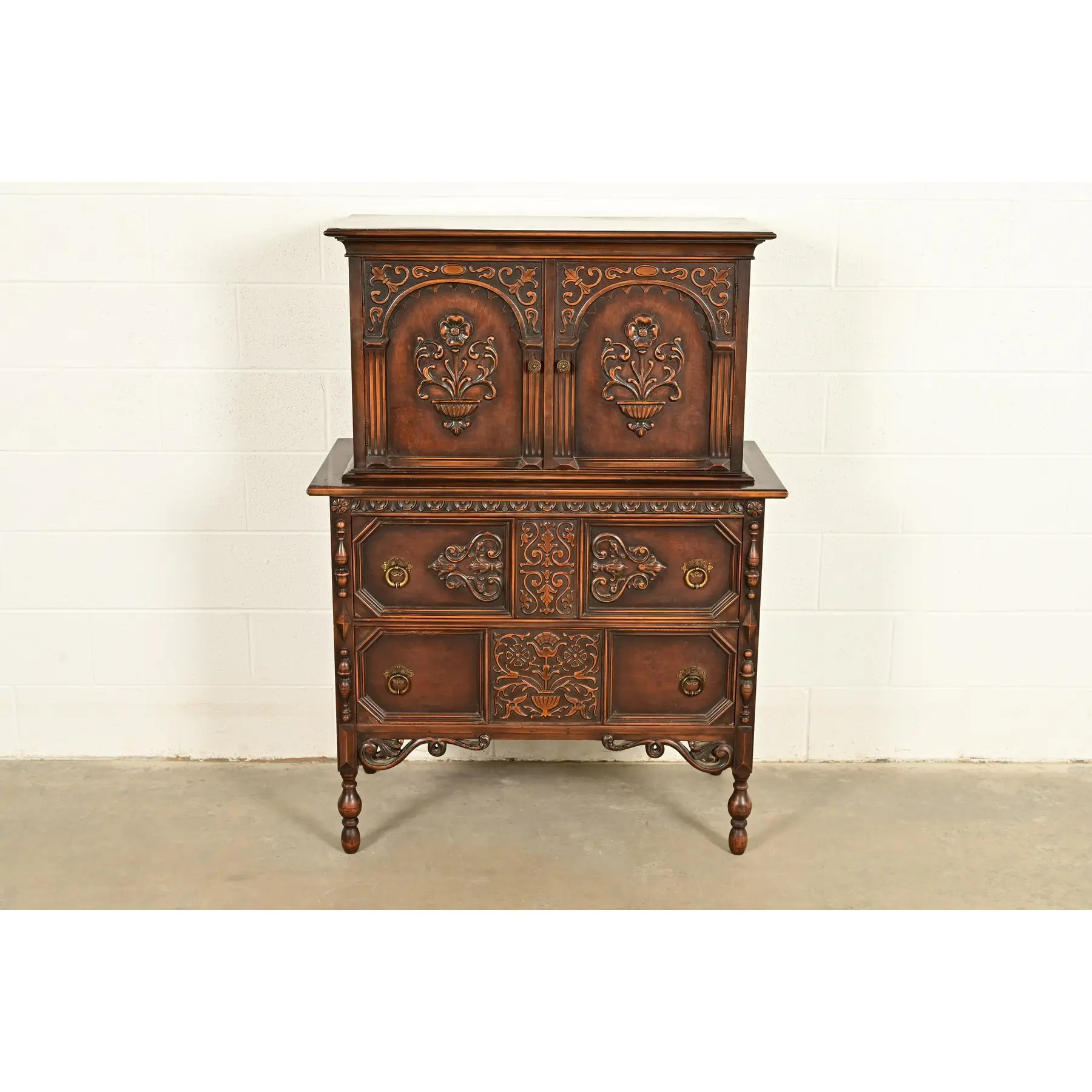 Berkey & Gay Style Antique English Jacobean Carved Walnut Highboy Dresser, Circa 1920s - Image 2