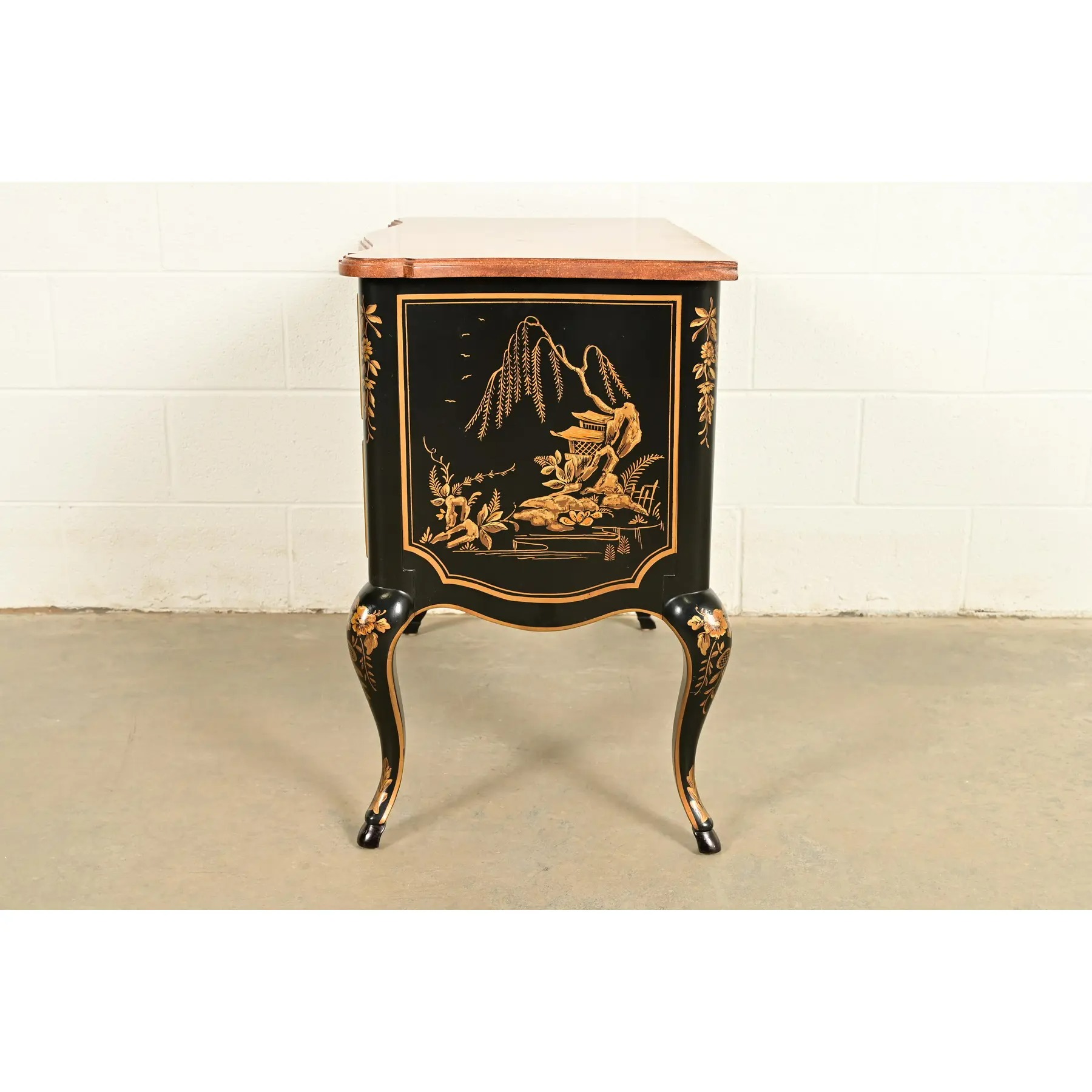 Drexel Heritage Hollywood Regency Chinoiserie Black Lacquered Hand Painted Chest of Drawers, Circa 1970s - Image 11