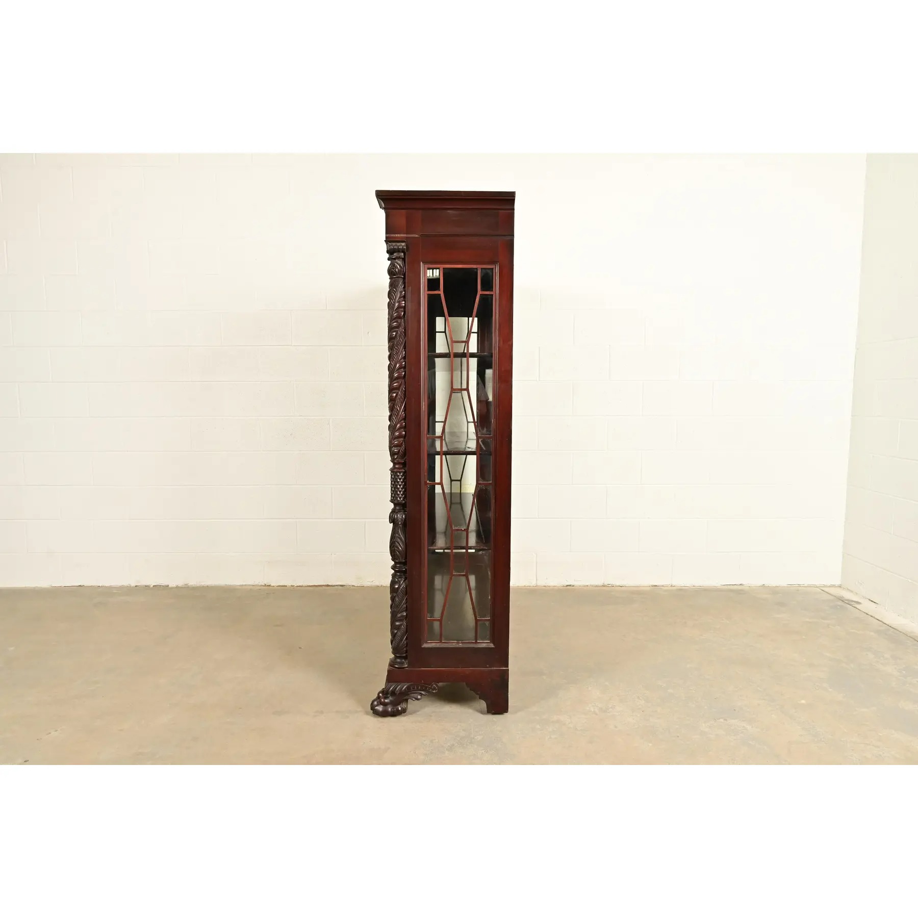 R. J. Horner Style Antique American Empire Flame Mahogany Glass Front Bookcase Cabinet, Circa 1890s - Image 11
