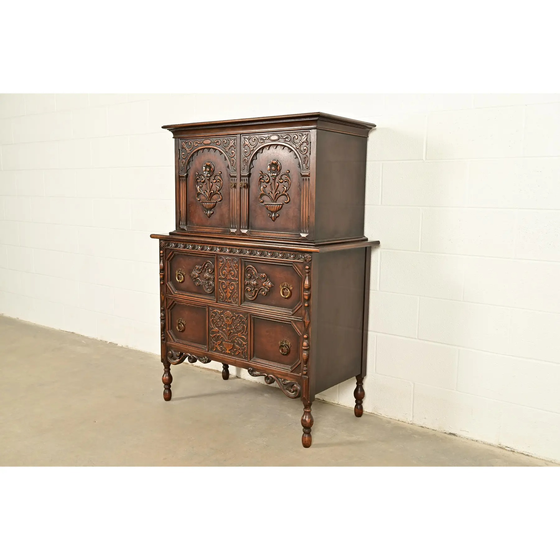 Berkey & Gay Style Antique English Jacobean Carved Walnut Highboy Dresser, Circa 1920s - Image 3