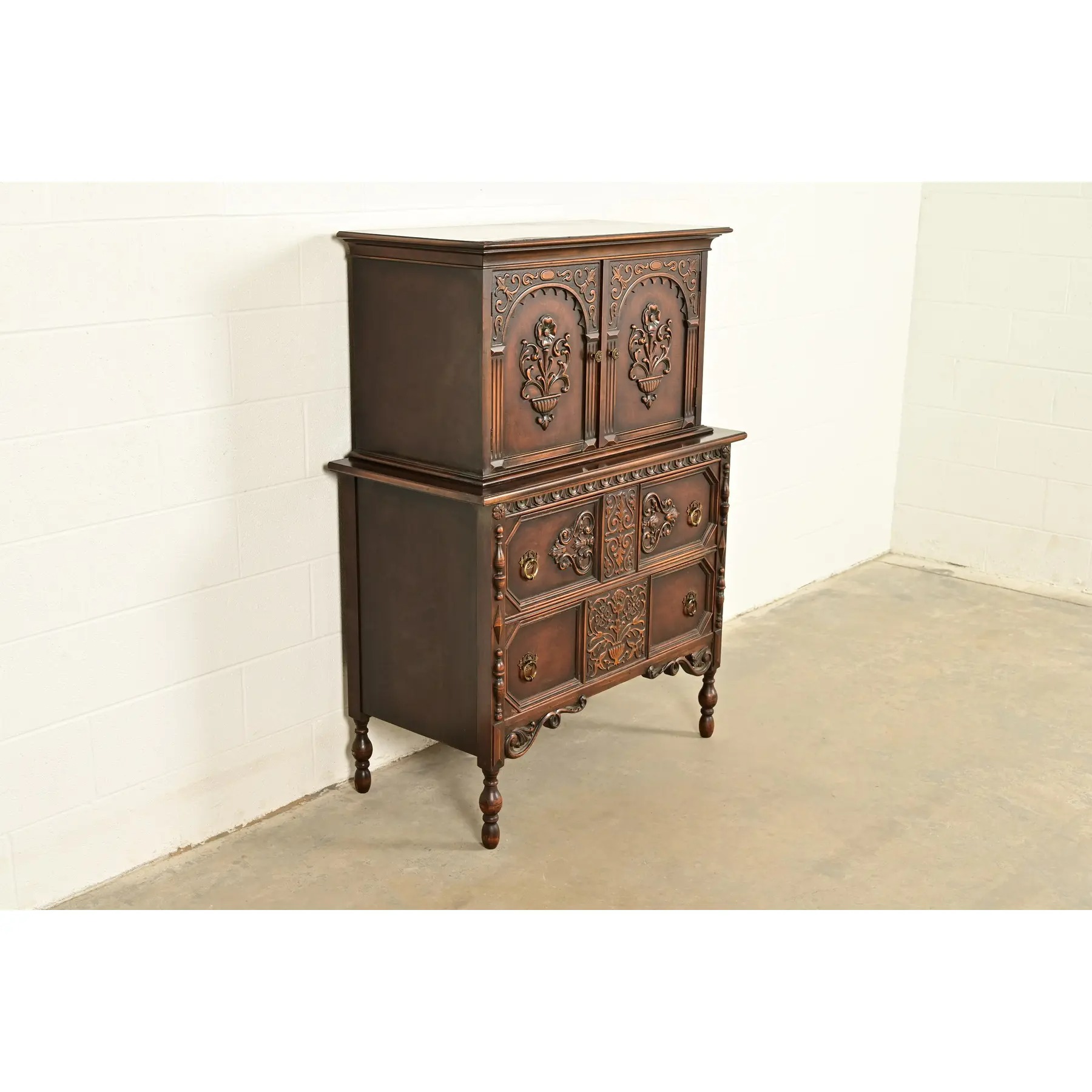 Berkey & Gay Style Antique English Jacobean Carved Walnut Highboy Dresser, Circa 1920s - Image 4