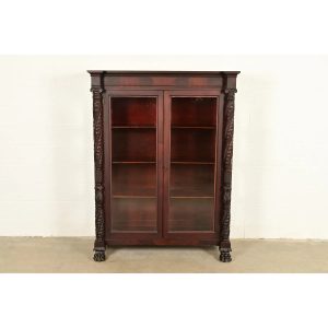 R. J. Horner Style Antique American Empire Flame Mahogany Glass Front Bookcase Cabinet, Circa 1890s