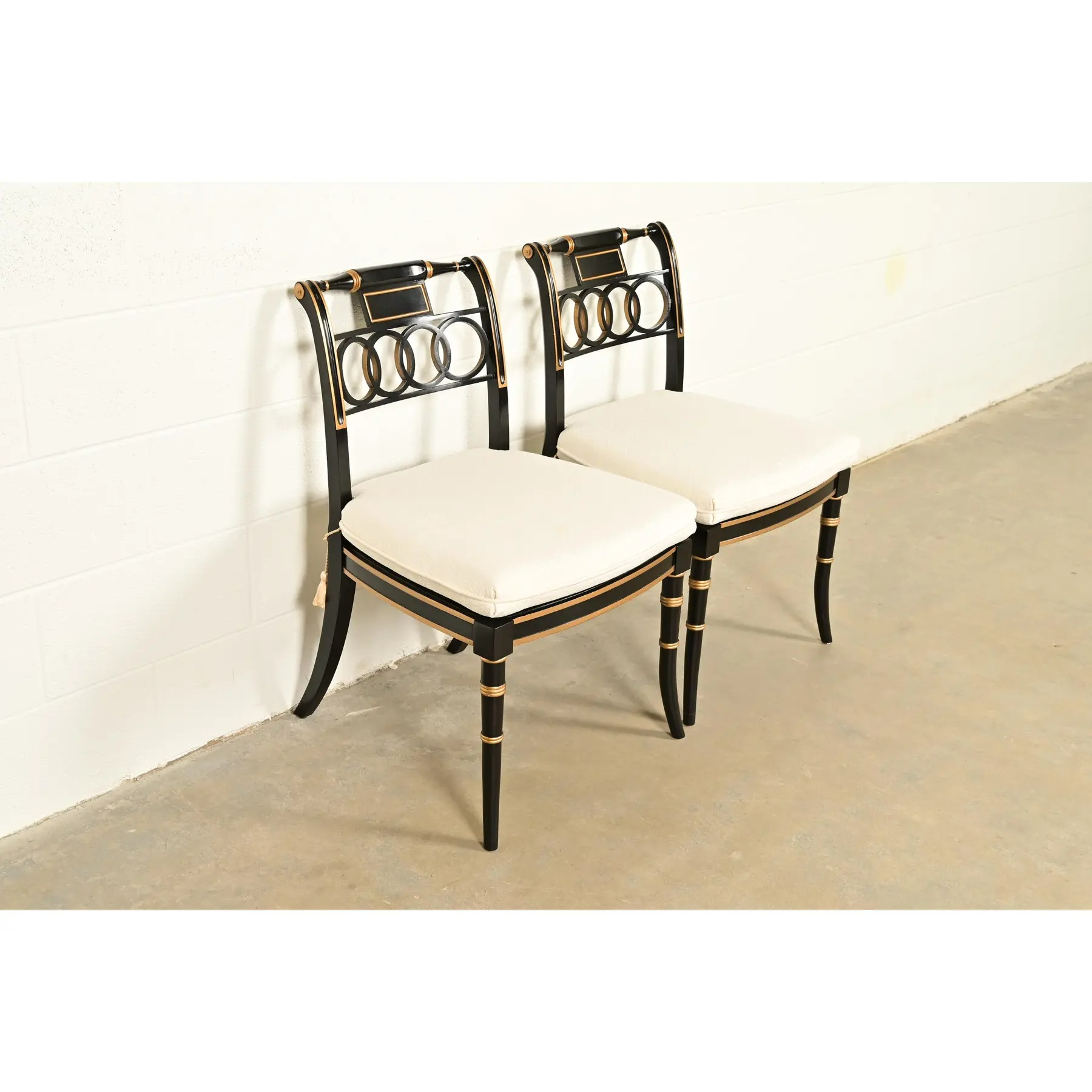 Baker Furniture Historic Charleston Regency Ebonized and Gold Gilt Side Chairs or Dining Chairs, Pair - Image 2
