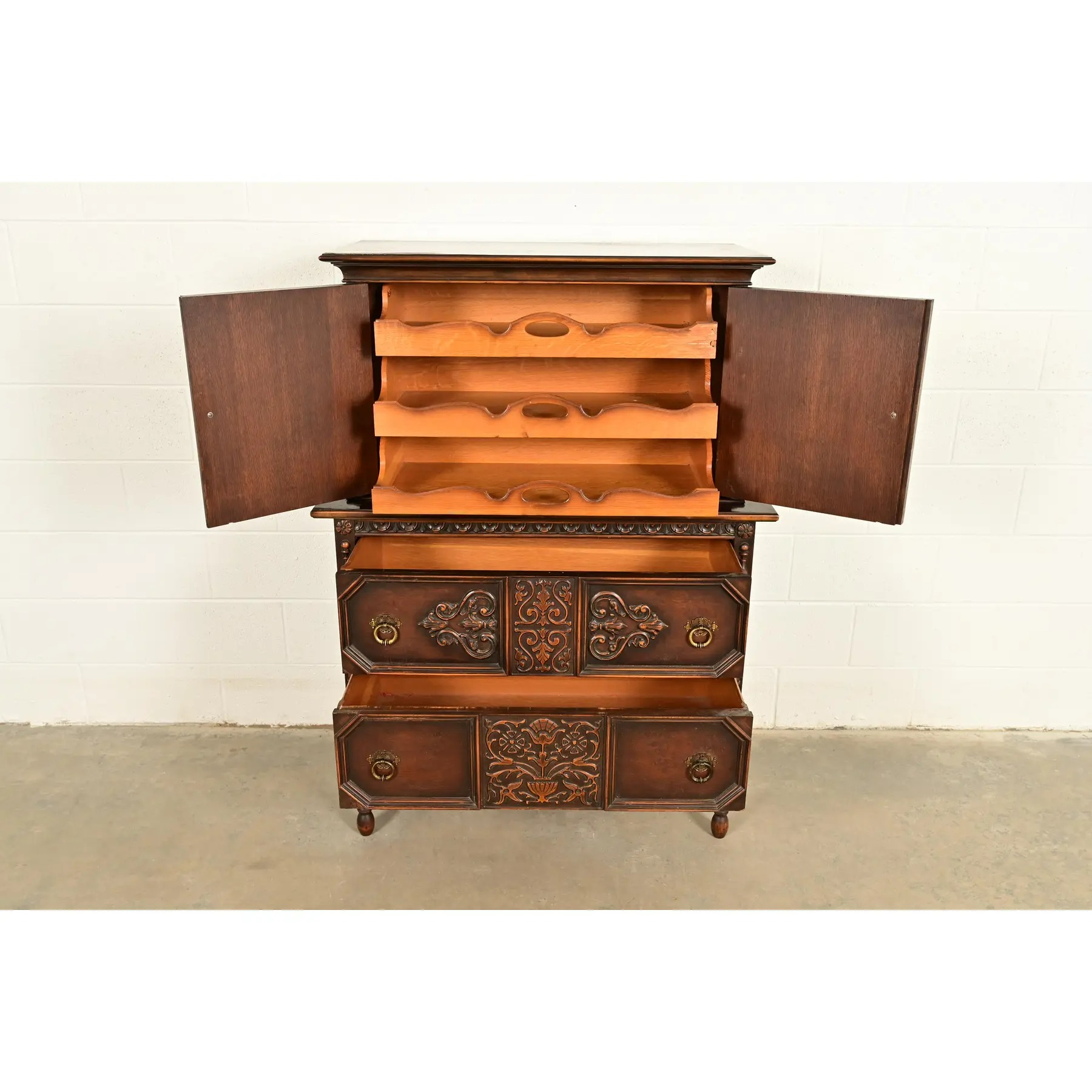 Berkey & Gay Style Antique English Jacobean Carved Walnut Highboy Dresser, Circa 1920s - Image 5