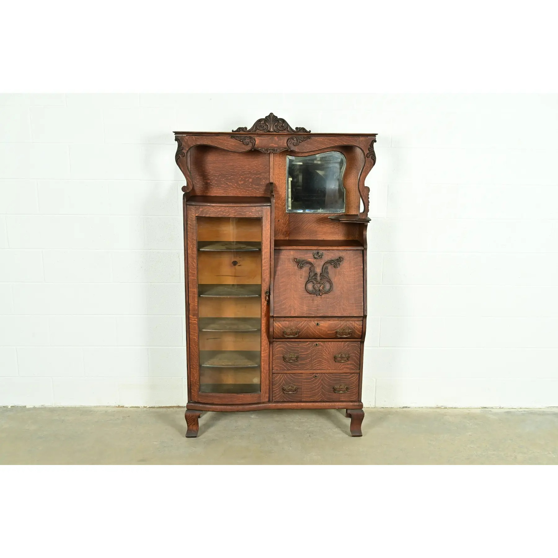 Early Baker Furniture Antique Victorian Carved Tiger Oak Side-by-Side Bookcase With Drop Front Secretary Desk, Circa 1900 - Image 2