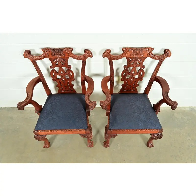 Baker Furniture Style Chippendale Carved Mahogany Armchairs, Pair - Image 5