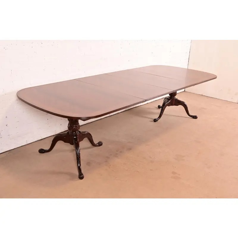 Drexel Heritage Georgian Banded Flame Mahogany Double Pedestal Extension Dining Table, Newly Refinished - Image 5