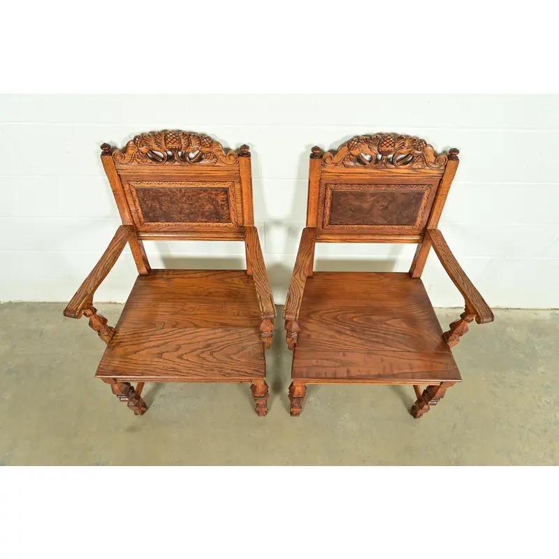 Early Romweber Antique English Jacobean Carved Oak and Burl Wood Armchairs, Pair - Image 5